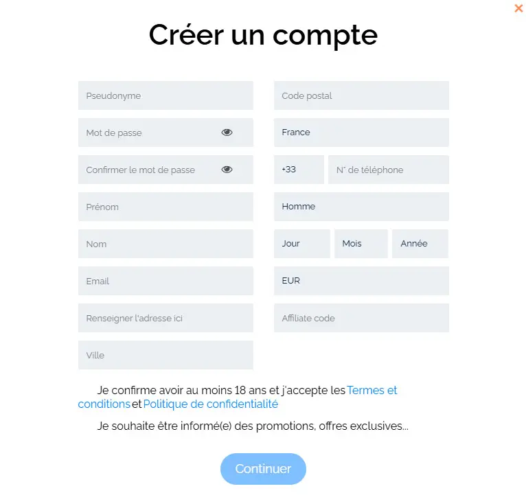 Processus d'inscription WINZTER CASINO